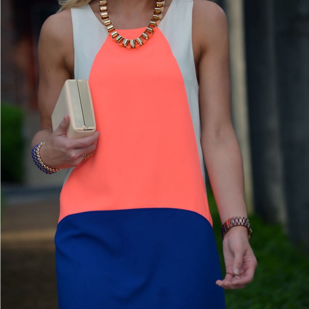 Skies Are Blue White Neon Orange Royal Blue Color Block Shift Dress - Size Small